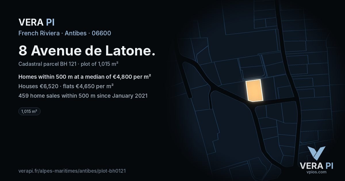 8 Avenue de Latone, Antibes at night – the plot lit, the parcels around coloured by the prices near them