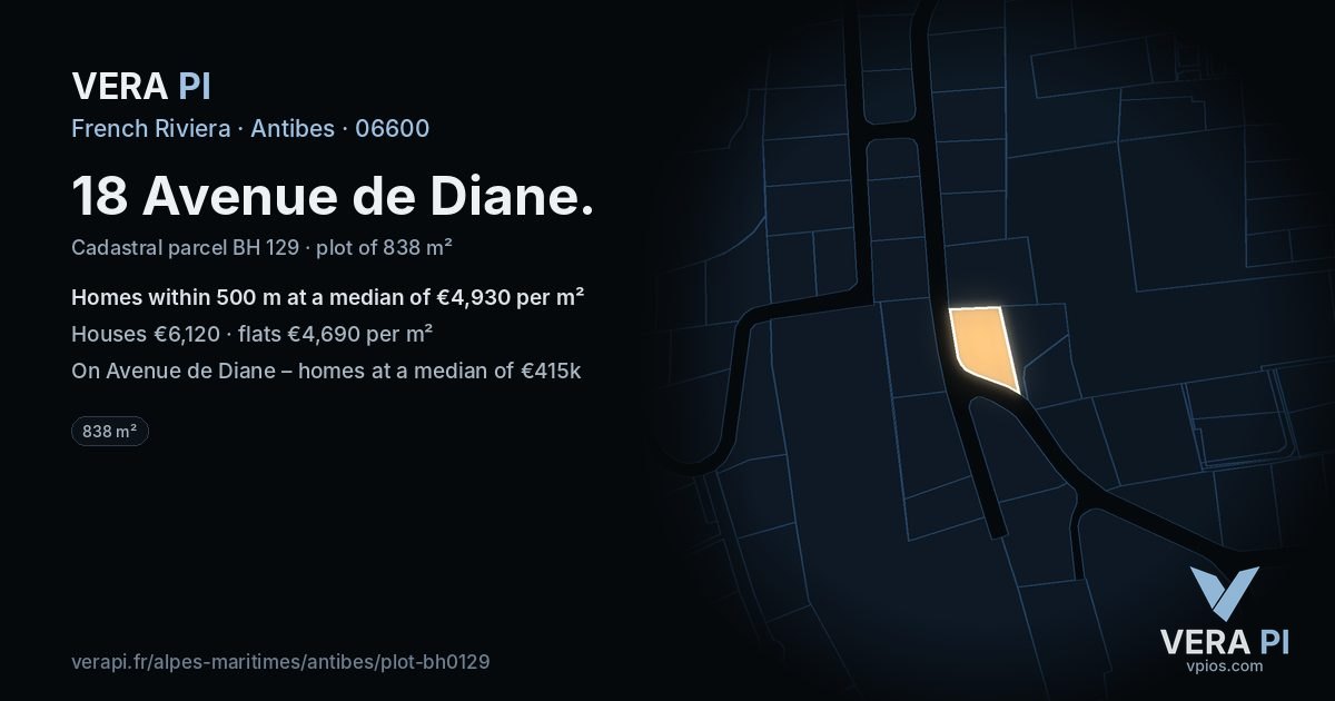 18 Avenue de Diane, Antibes at night – the plot lit, the parcels around coloured by the prices near them