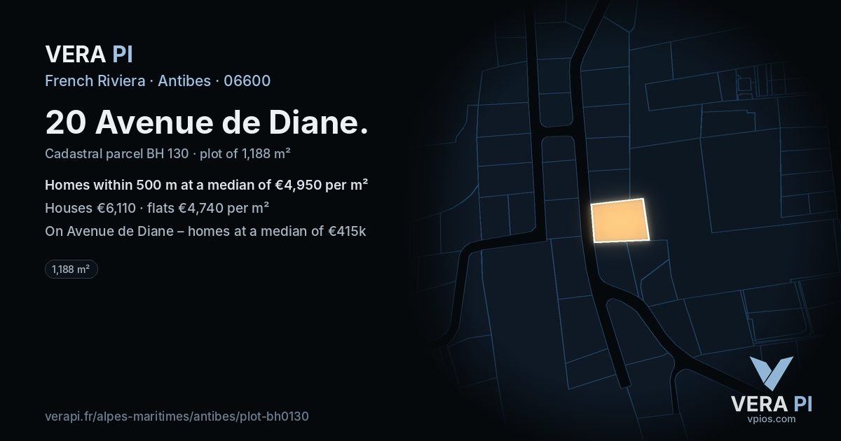 20 Avenue de Diane, Antibes at night – the plot lit, the parcels around coloured by the prices near them
