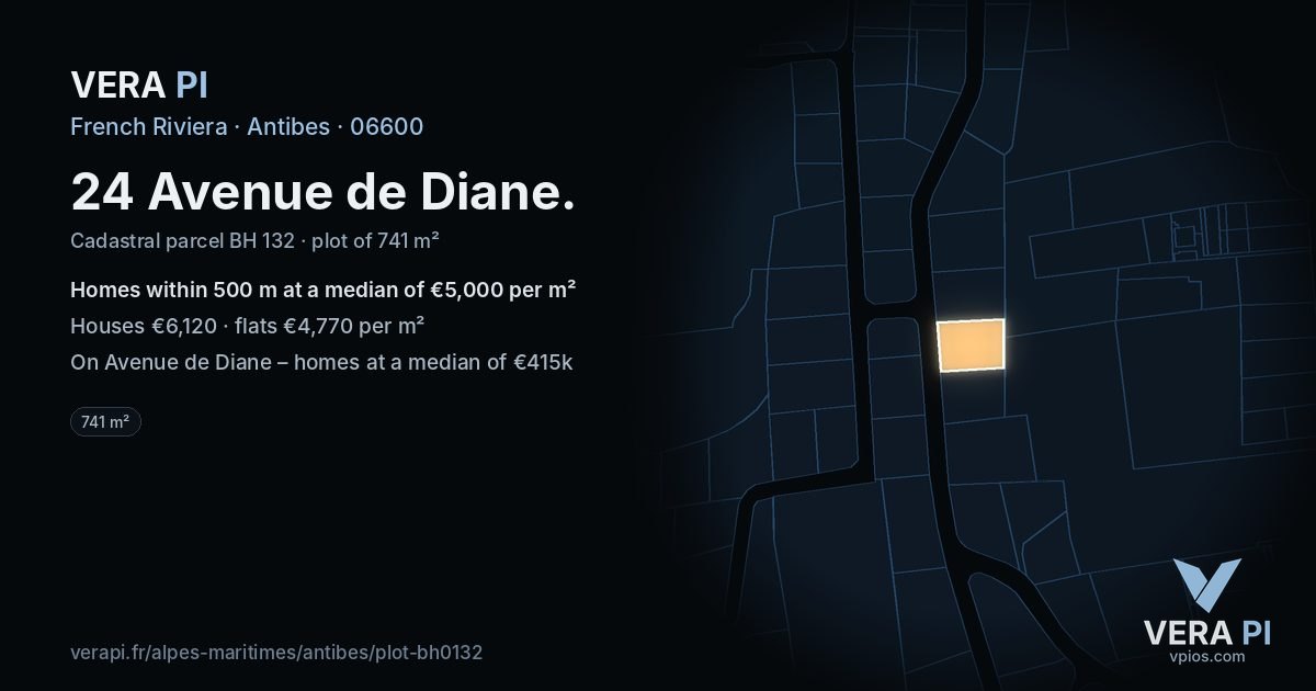 24 Avenue de Diane, Antibes at night – the plot lit, the parcels around coloured by the prices near them