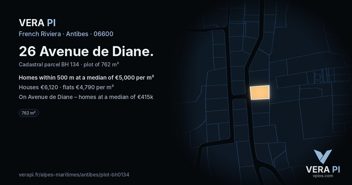 26 Avenue de Diane, Antibes at night – the plot lit, the parcels around coloured by the prices near them