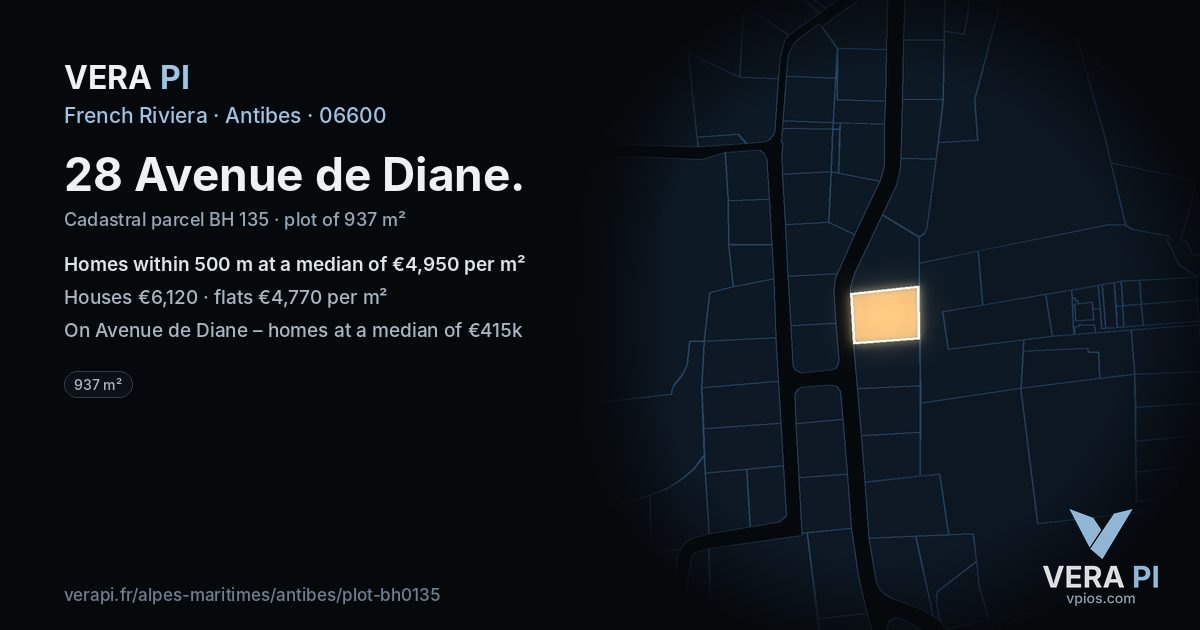 28 Avenue de Diane, Antibes at night – the plot lit, the parcels around coloured by the prices near them