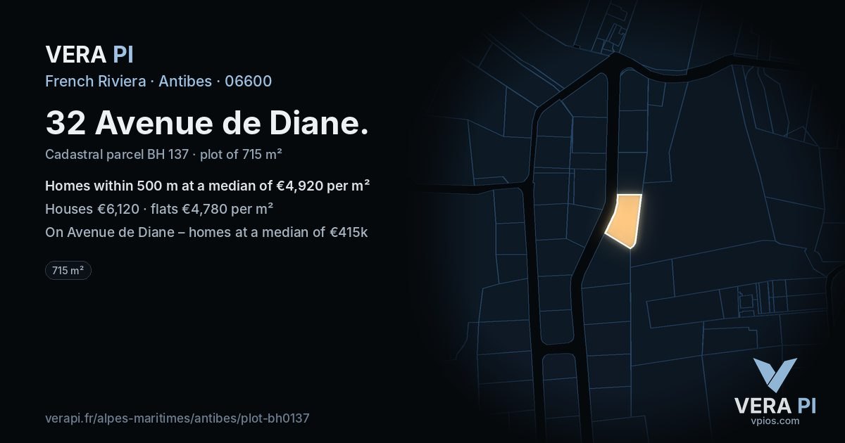 32 Avenue de Diane, Antibes at night – the plot lit, the parcels around coloured by the prices near them