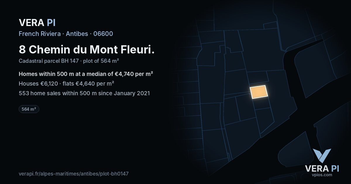 8 Chemin du Mont Fleuri, Antibes at night – the plot lit, the parcels around coloured by the prices near them