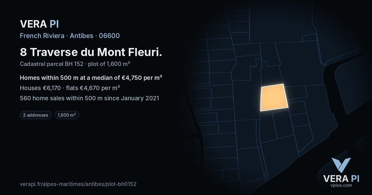 8 Traverse du Mont Fleuri, Antibes at night – the plot lit, the parcels around coloured by the prices near them