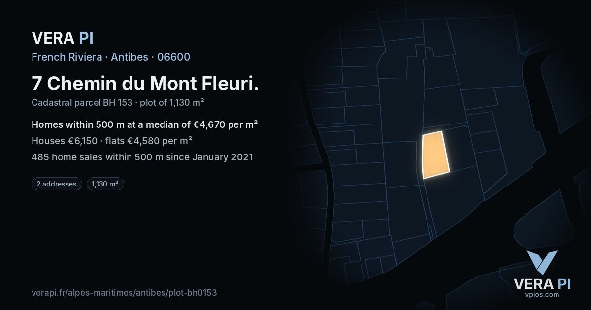 7 Chemin du Mont Fleuri, Antibes at night – the plot lit, the parcels around coloured by the prices near them