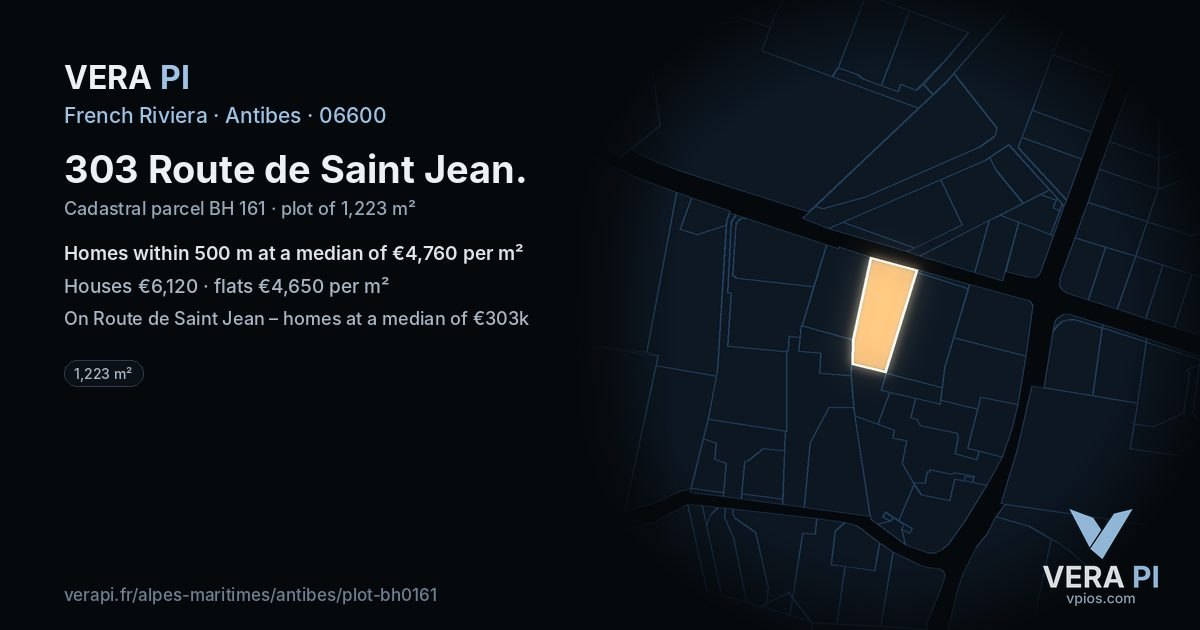 303 Route de Saint Jean, Antibes at night – the plot lit, the parcels around coloured by the prices near them