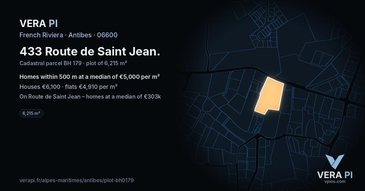 433 Route de Saint Jean, Antibes at night – the plot lit, the parcels around coloured by the prices near them