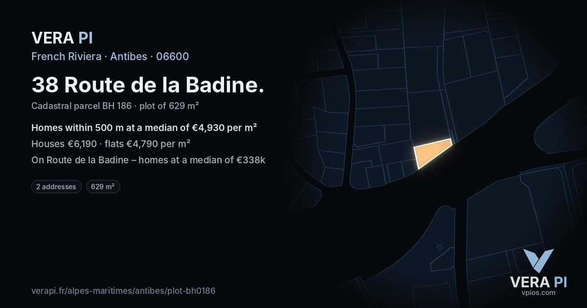 38 Route de la Badine, Antibes at night – the plot lit, the parcels around coloured by the prices near them