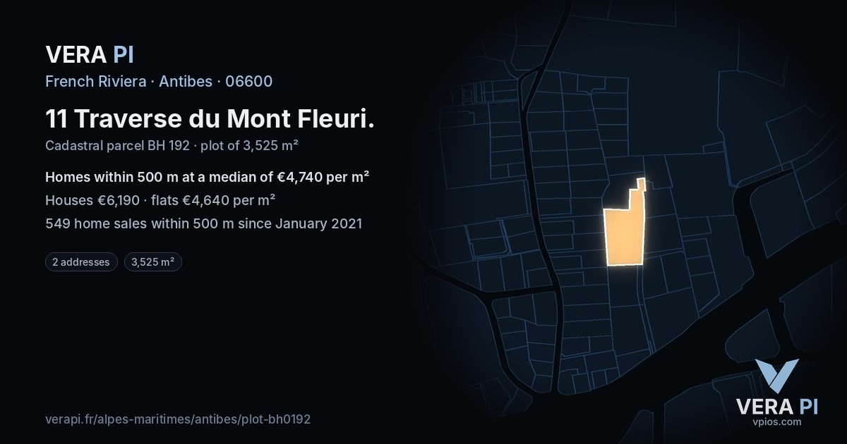 11 Traverse du Mont Fleuri, Antibes at night – the plot lit, the parcels around coloured by the prices near them