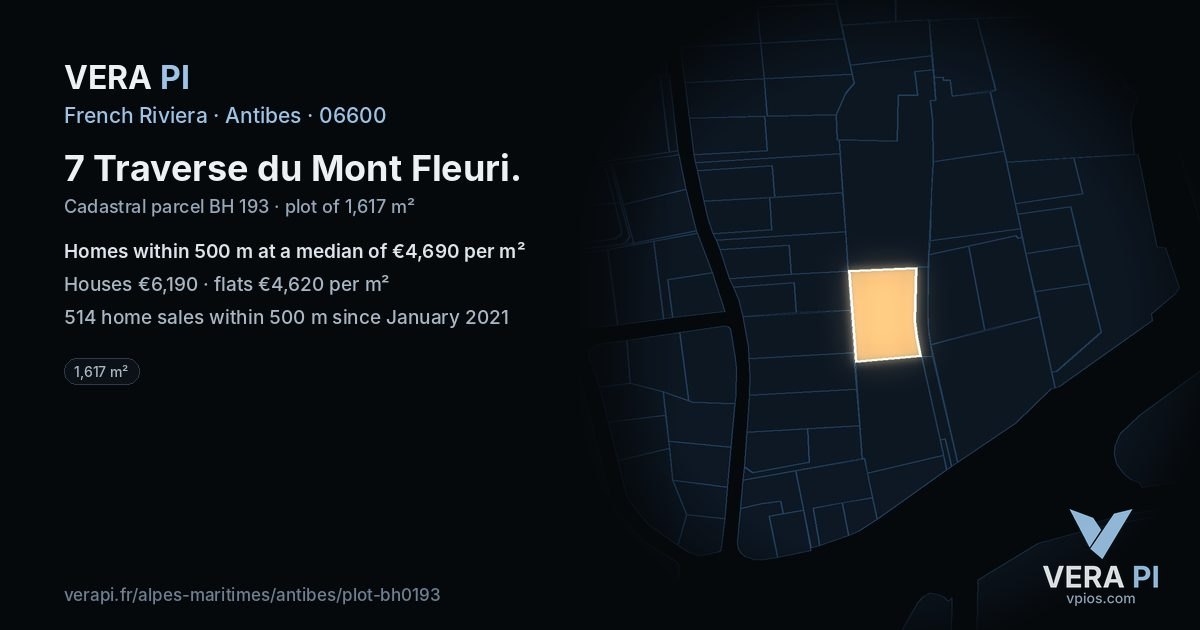 7 Traverse du Mont Fleuri, Antibes at night – the plot lit, the parcels around coloured by the prices near them
