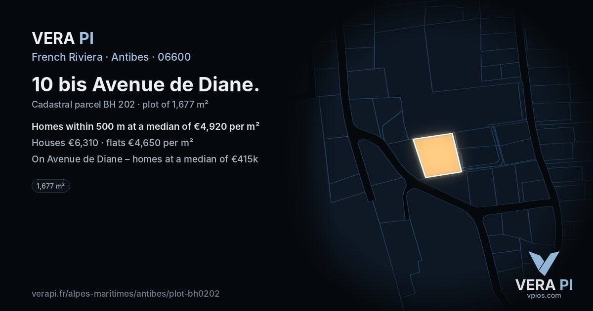 10 bis Avenue de Diane, Antibes at night – the plot lit, the parcels around coloured by the prices near them