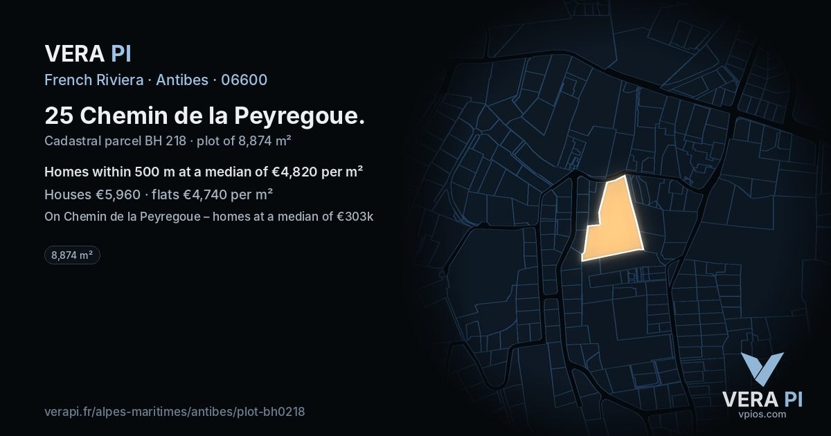 25 Chemin de la Peyregoue, Antibes at night – the plot lit, the parcels around coloured by the prices near them