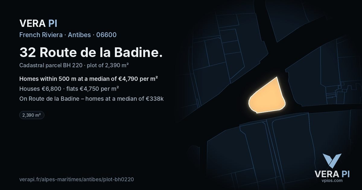 32 Route de la Badine, Antibes at night – the plot lit, the parcels around coloured by the prices near them