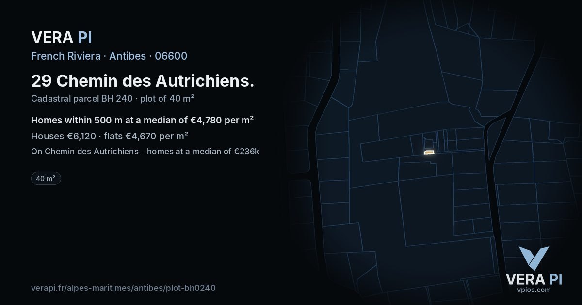 29 Chemin des Autrichiens, Antibes at night – the plot lit, the parcels around coloured by the prices near them