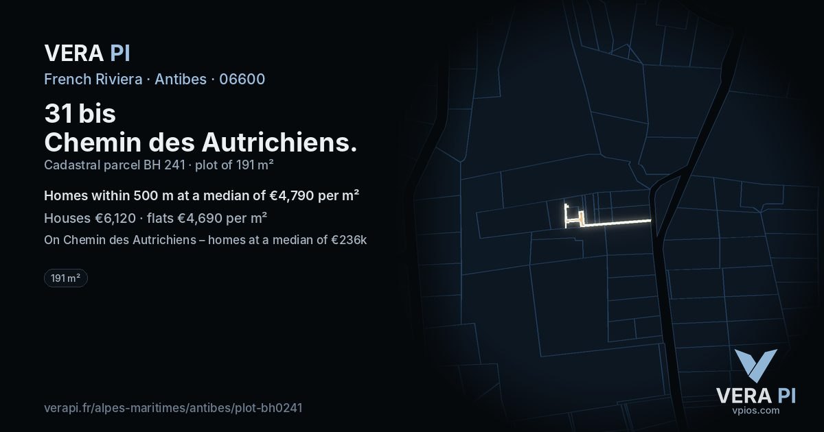 31 bis Chemin des Autrichiens, Antibes at night – the plot lit, the parcels around coloured by the prices near them