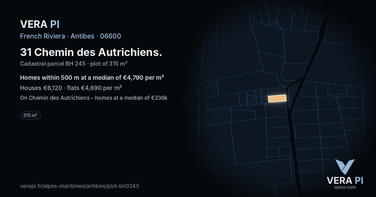 31 Chemin des Autrichiens, Antibes at night – the plot lit, the parcels around coloured by the prices near them