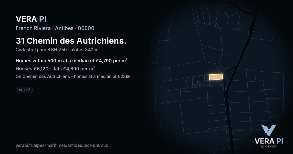 31 Chemin des Autrichiens, Antibes at night – the plot lit, the parcels around coloured by the prices near them