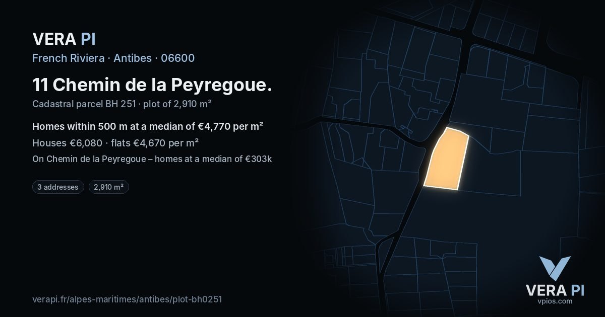 11 Chemin de la Peyregoue, Antibes at night – the plot lit, the parcels around coloured by the prices near them