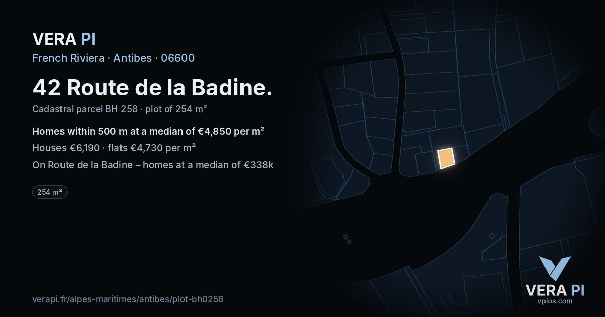 42 Route de la Badine, Antibes at night – the plot lit, the parcels around coloured by the prices near them