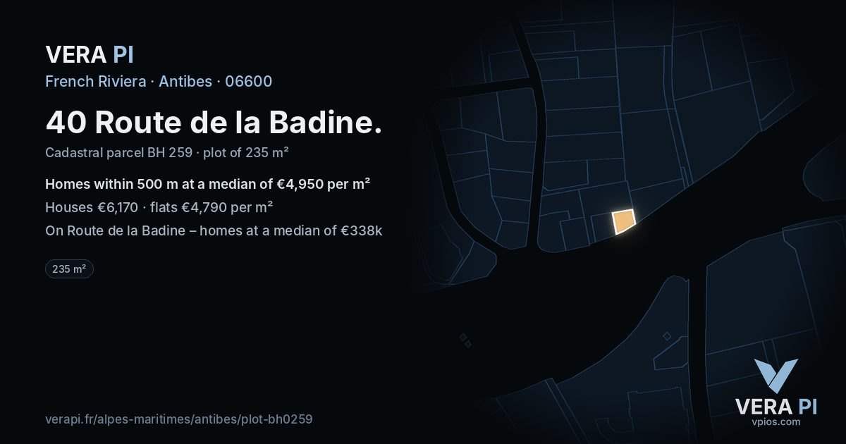 40 Route de la Badine, Antibes at night – the plot lit, the parcels around coloured by the prices near them