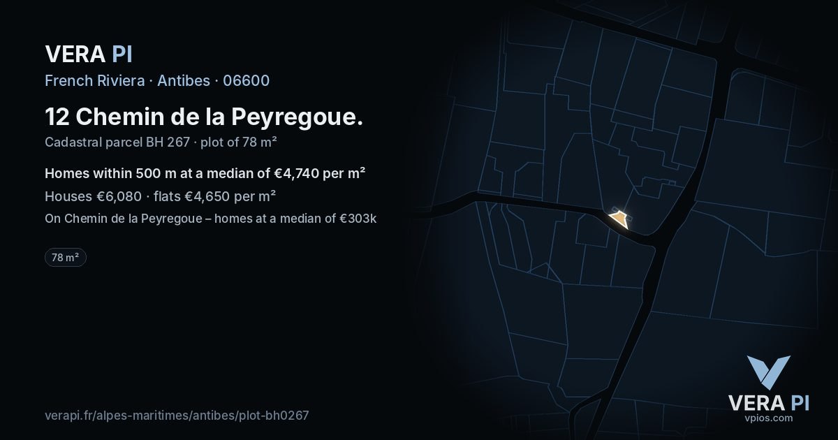 12 Chemin de la Peyregoue, Antibes at night – the plot lit, the parcels around coloured by the prices near them