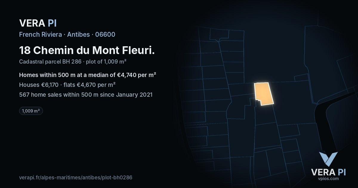 18 Chemin du Mont Fleuri, Antibes at night – the plot lit, the parcels around coloured by the prices near them