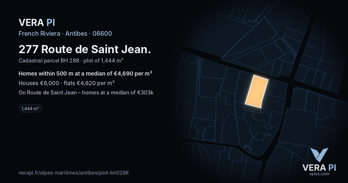 277 Route de Saint Jean, Antibes at night – the plot lit, the parcels around coloured by the prices near them