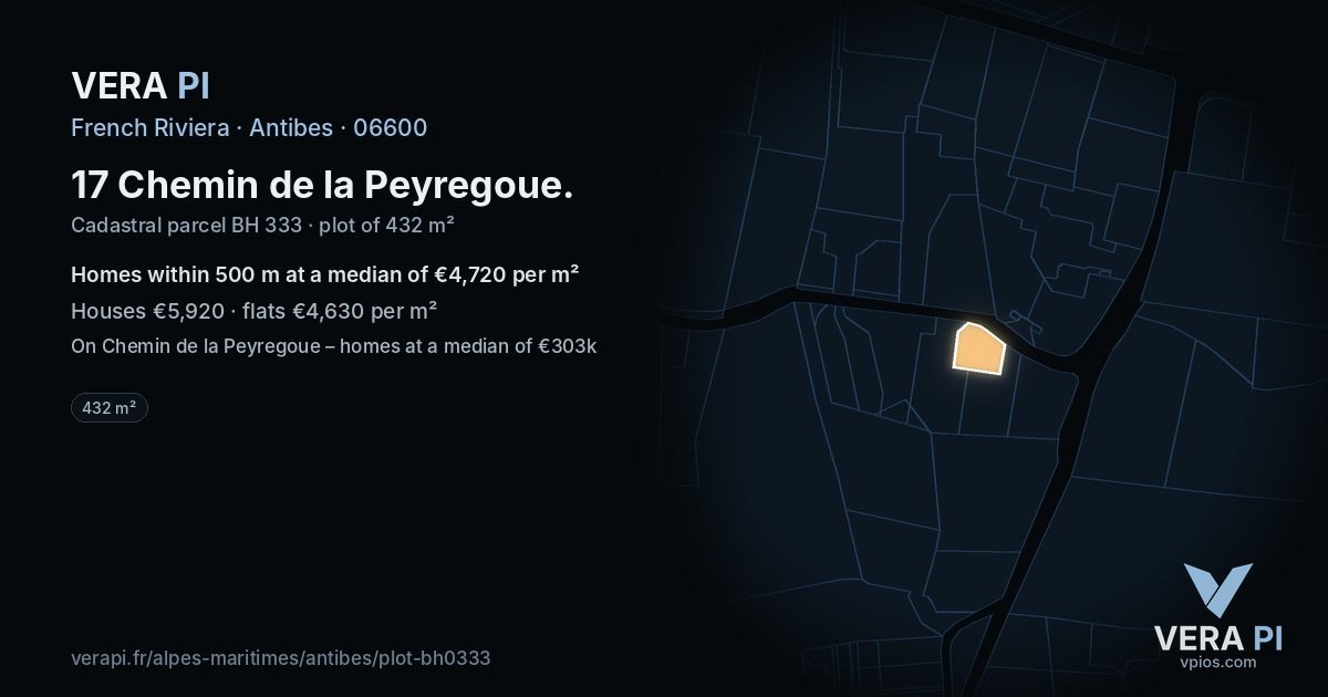 17 Chemin de la Peyregoue, Antibes at night – the plot lit, the parcels around coloured by the prices near them