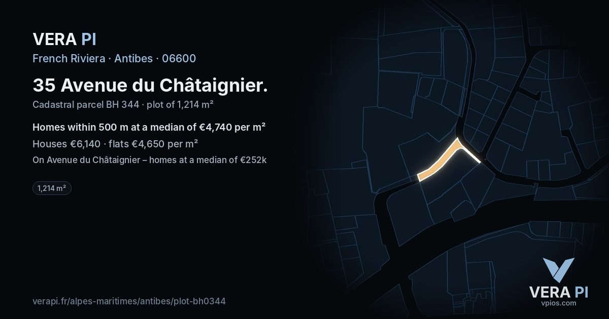 35 Avenue du Châtaignier, Antibes at night – the plot lit, the parcels around coloured by the prices near them