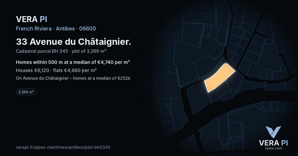 33 Avenue du Châtaignier, Antibes at night – the plot lit, the parcels around coloured by the prices near them