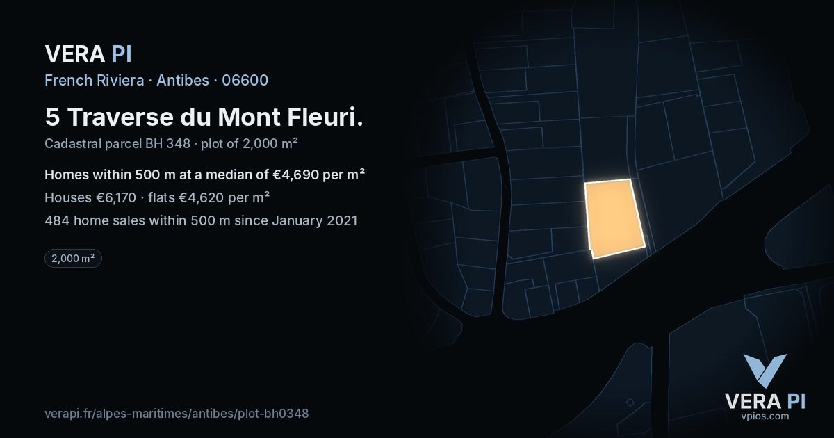5 Traverse du Mont Fleuri, Antibes at night – the plot lit, the parcels around coloured by the prices near them