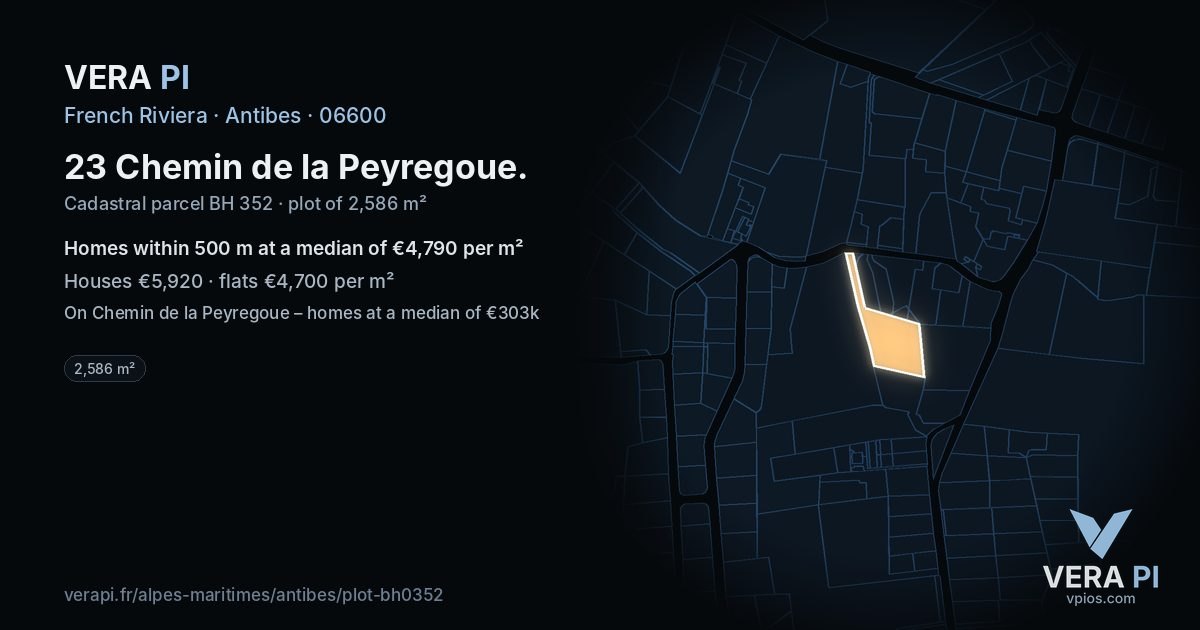 23 Chemin de la Peyregoue, Antibes at night – the plot lit, the parcels around coloured by the prices near them