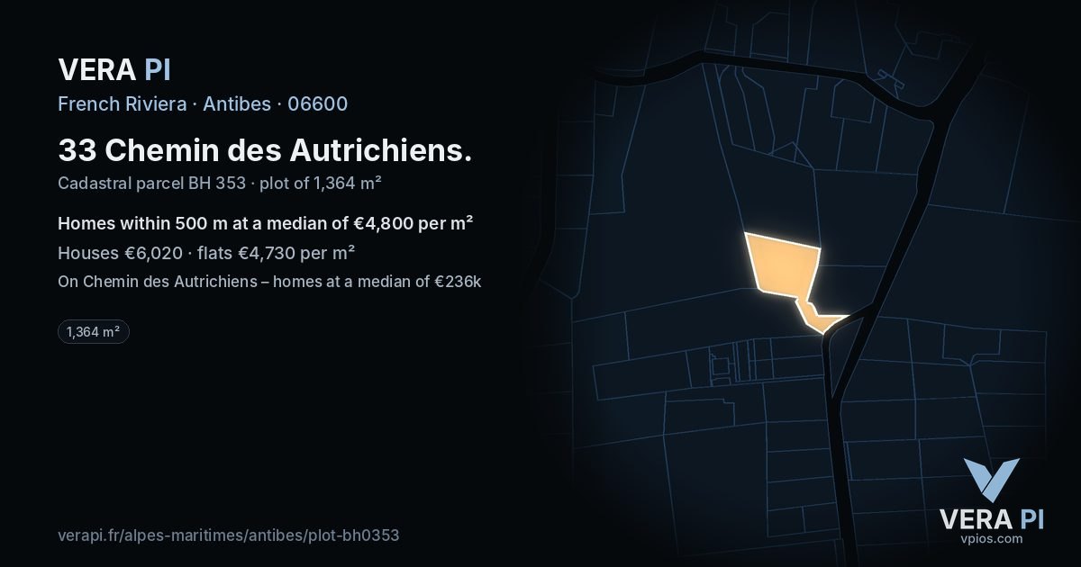 33 Chemin des Autrichiens, Antibes at night – the plot lit, the parcels around coloured by the prices near them