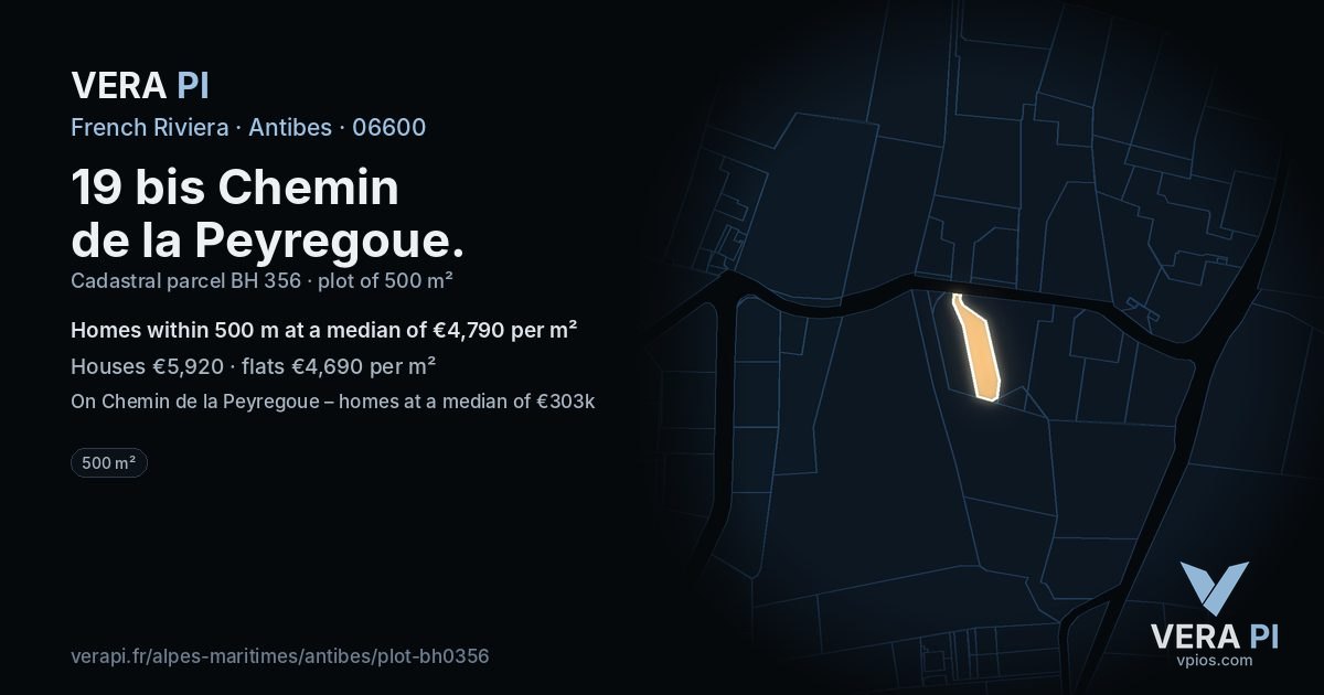 19 bis Chemin de la Peyregoue, Antibes at night – the plot lit, the parcels around coloured by the prices near them