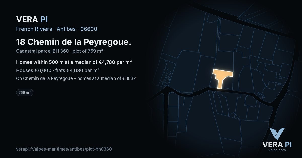 18 Chemin de la Peyregoue, Antibes at night – the plot lit, the parcels around coloured by the prices near them