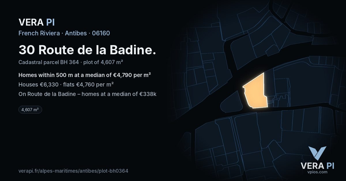 30 Route de la Badine, Antibes at night – the plot lit, the parcels around coloured by the prices near them