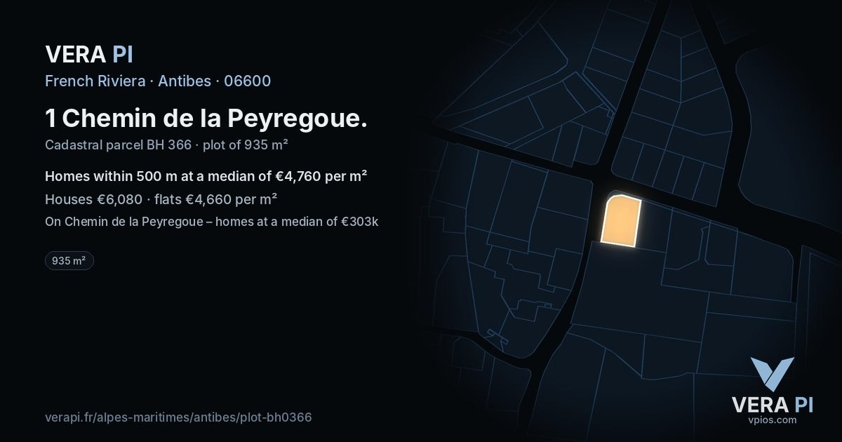 1 Chemin de la Peyregoue, Antibes at night – the plot lit, the parcels around coloured by the prices near them