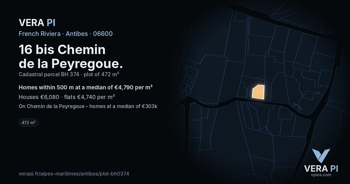 16 bis Chemin de la Peyregoue, Antibes at night – the plot lit, the parcels around coloured by the prices near them