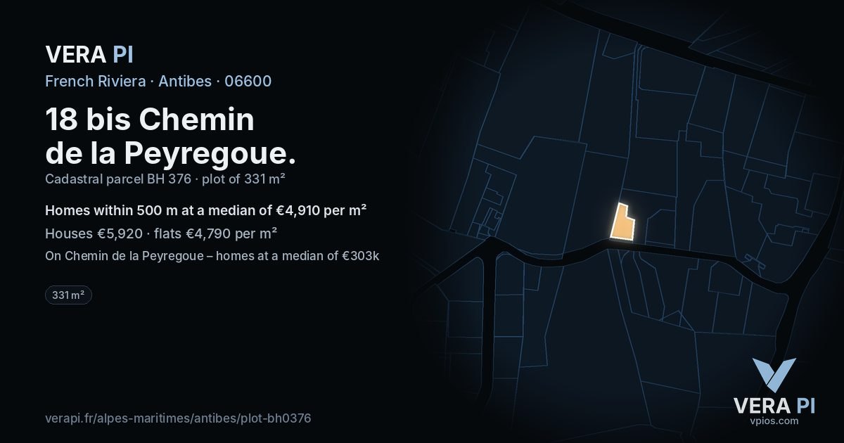 18 bis Chemin de la Peyregoue, Antibes at night – the plot lit, the parcels around coloured by the prices near them