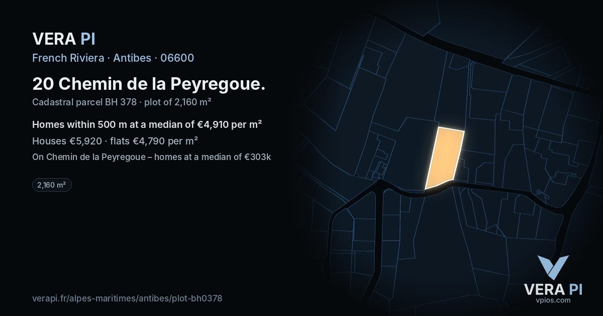 20 Chemin de la Peyregoue, Antibes at night – the plot lit, the parcels around coloured by the prices near them
