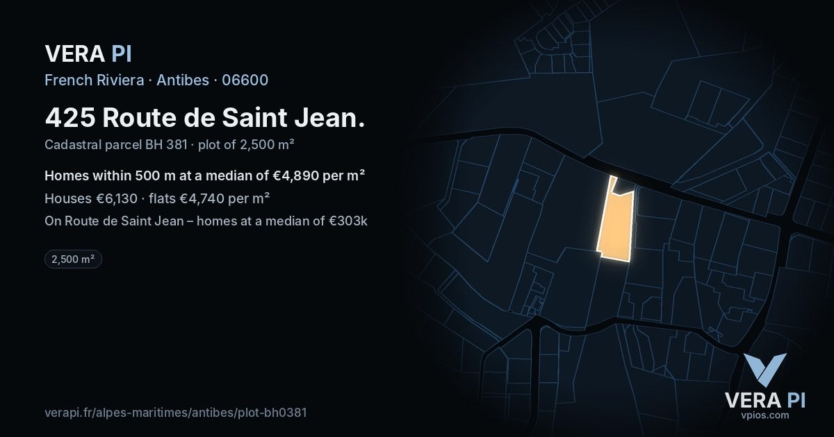 425 Route de Saint Jean, Antibes at night – the plot lit, the parcels around coloured by the prices near them