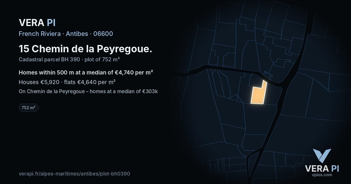 15 Chemin de la Peyregoue, Antibes at night – the plot lit, the parcels around coloured by the prices near them