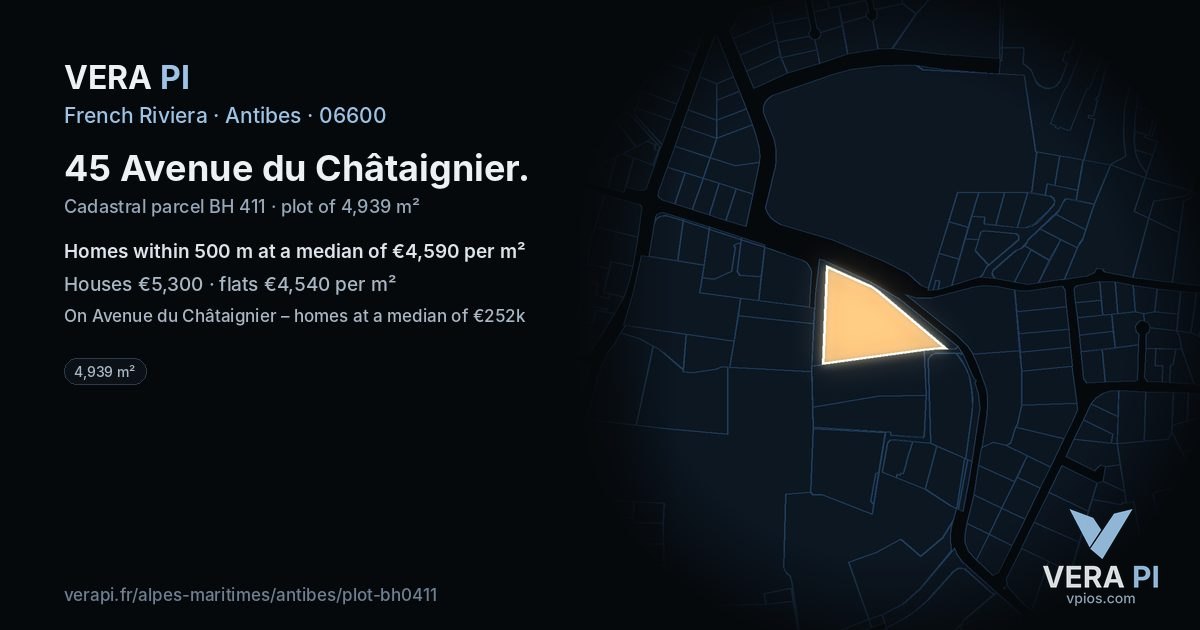 45 Avenue du Châtaignier, Antibes at night – the plot lit, the parcels around coloured by the prices near them