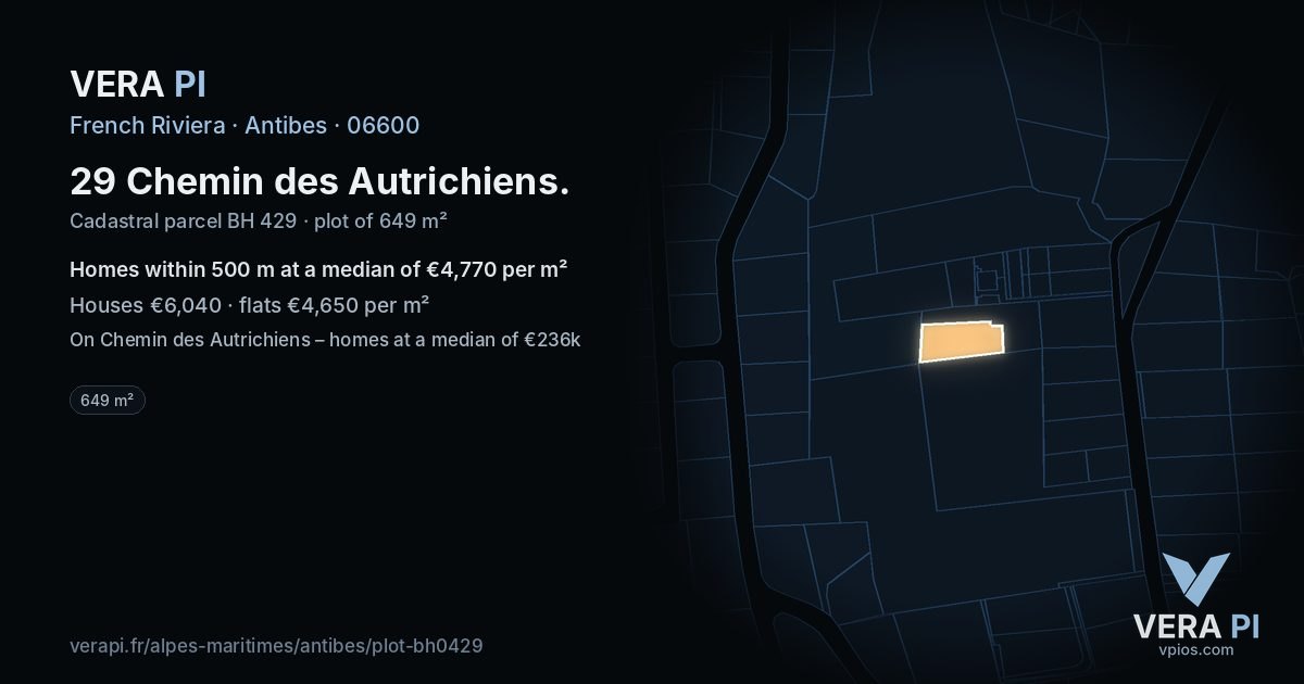 29 Chemin des Autrichiens, Antibes at night – the plot lit, the parcels around coloured by the prices near them