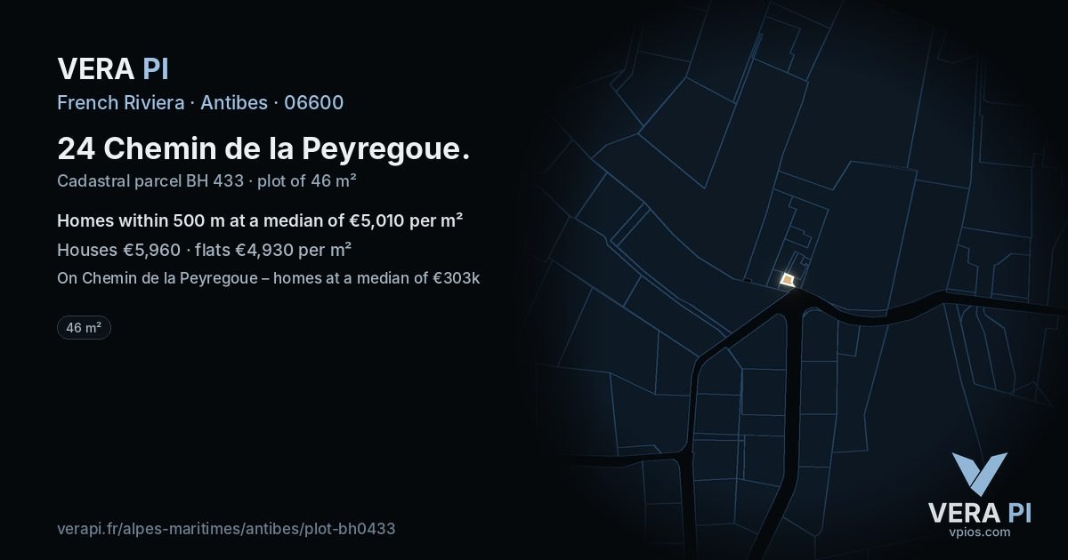 24 Chemin de la Peyregoue, Antibes at night – the plot lit, the parcels around coloured by the prices near them