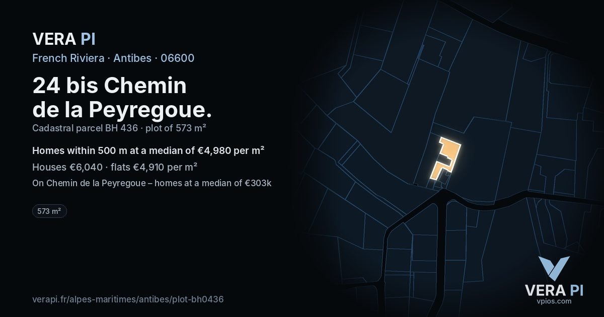 24 bis Chemin de la Peyregoue, Antibes at night – the plot lit, the parcels around coloured by the prices near them
