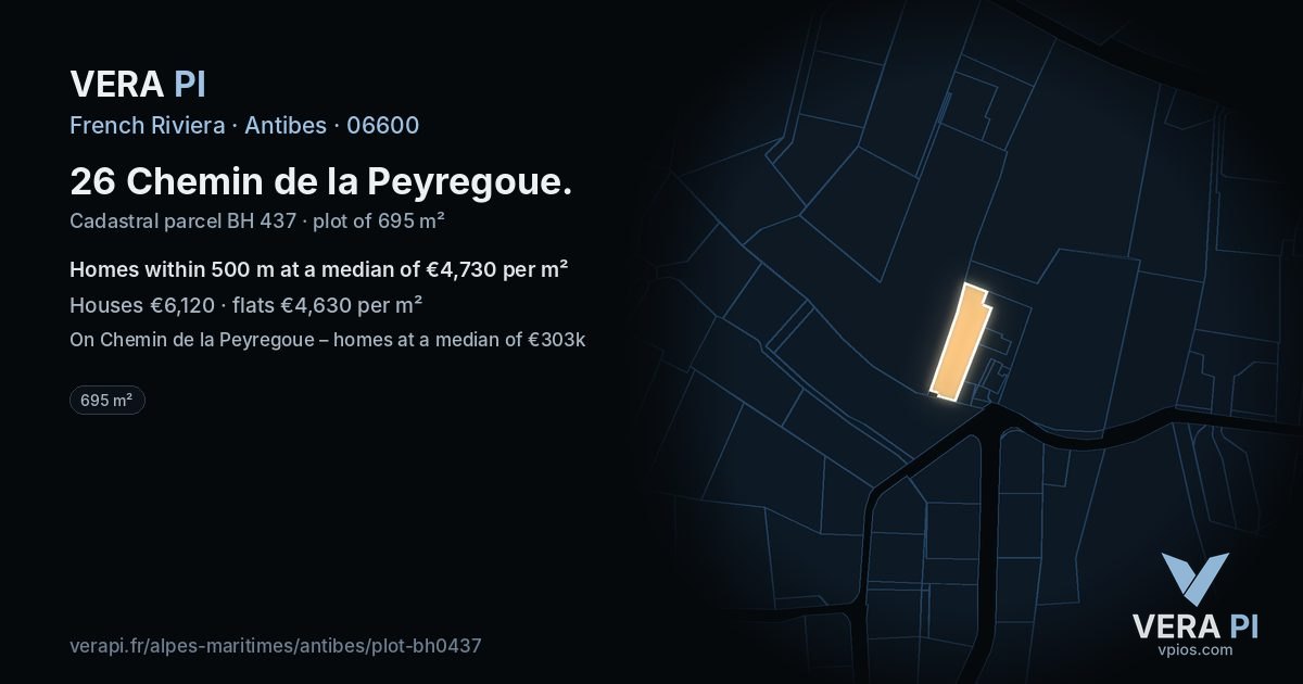 26 Chemin de la Peyregoue, Antibes at night – the plot lit, the parcels around coloured by the prices near them