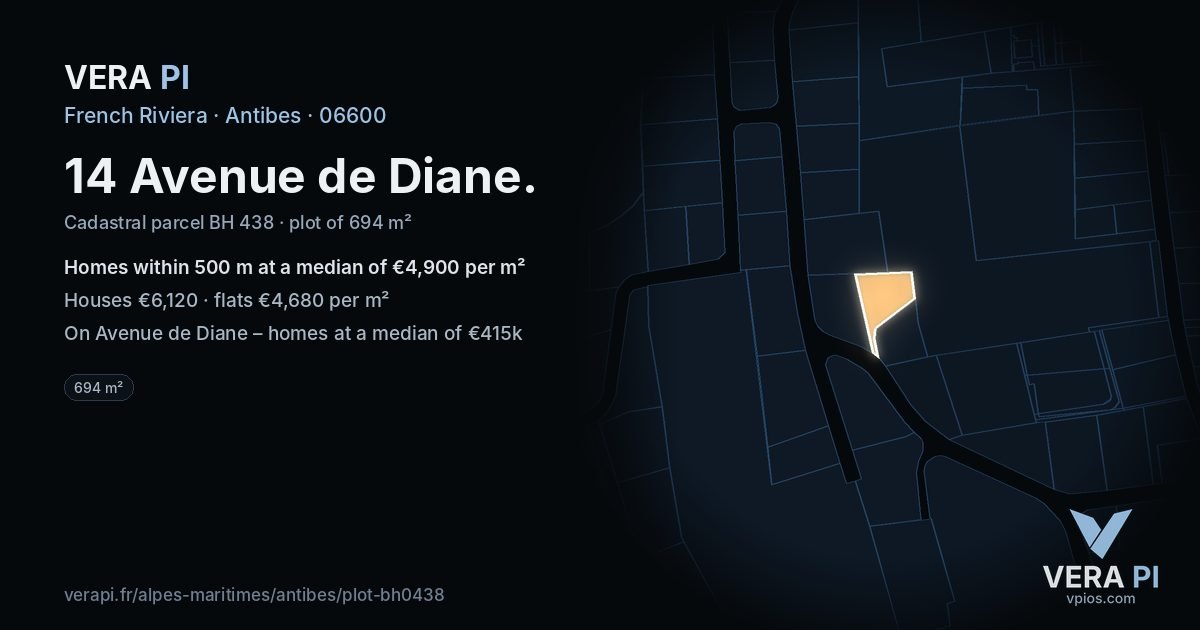 14 Avenue de Diane, Antibes at night – the plot lit, the parcels around coloured by the prices near them