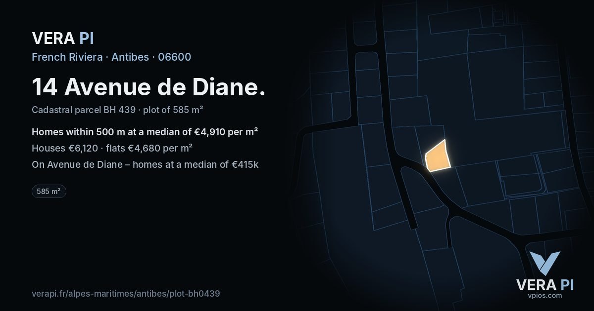 14 Avenue de Diane, Antibes at night – the plot lit, the parcels around coloured by the prices near them